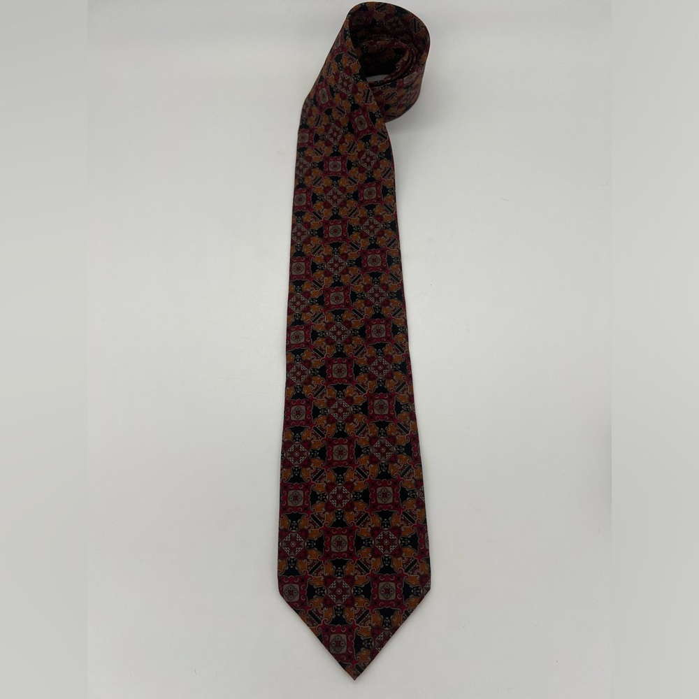 Vintage Valentino Tie Italy All Silk Red Black Tan White Geometric Pattern